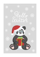 Winter card with panda in santa hat with red gift box and hello winter text.