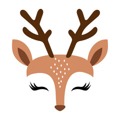 Deer Head, reindeer face with beautiful lashes. Vector illustration for card and shirt design for autumn holidays. Scandinavian design, good for clothes, baby shower, nursery decoration.