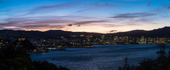 ニュージーランド　首都ウェリントンのオリエンタル・ベイの丘からウェリントン港の夕暮れの風景