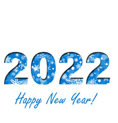 Vector image of the greeting card with the snowflakes and the snowballs on the blue background with the numbers 2022 and the words happy new year!