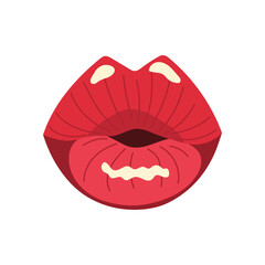 Red kiss in hand style, cartoon. Sexy lips icon with glossy lipstick.