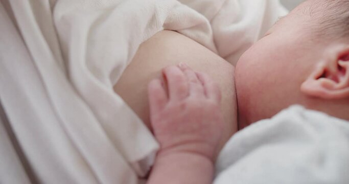 Close up mother breastfeeding newborn baby infant in the morning, nursing and feeding Baby eating mother milk, maternity, healthcare, breastfeeding, motherhood, parenthood, childhood, life concept