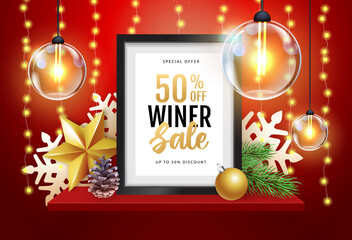 Winter sale poster with christmas holiday decorations. Chrisrmas background with string of lights. 3D interior design with black frame on red walll shelf.