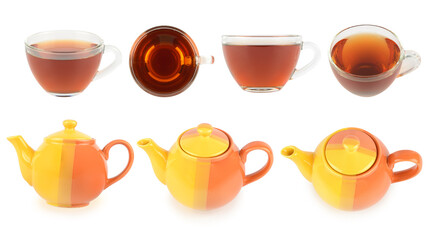 Collection ceramic teapots and cups with tea at different angles