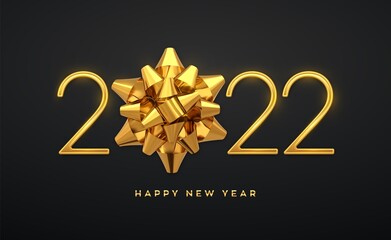 Fototapeta na wymiar Happy New 2021 Year. Golden metallic luxury numbers 2021 with golden gift bow. Realistic sign for greeting card. Festive poster or holiday banner design. Vector illustration.