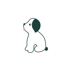 Cute puppy. Silhouette of white sitting dog with black ear and tail. Isolated vector illustration.