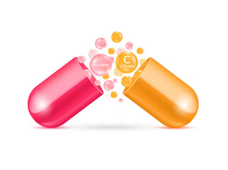 Lycopene red and orange vitamin C with capsule solution serum. Natural cosmetics lotion for face or body. Hyaluronic acid skin care ad. Beauty and Medicine Concepts. 3D Realistic Vector EPS10.