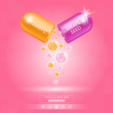 Drop purple Grape seed solution Serum and orange vitamin C in capsule. On white background. Use for face skin rejuvenation, beauty products medical concepts. 3D Realistic Vector EPS10.