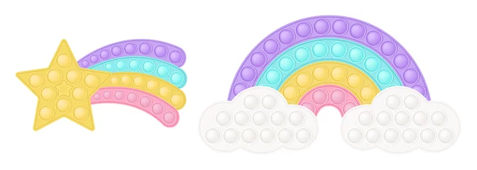 Fotobehang Popit figure star tail and pastel rainbow as a fashionable silicon toy for fidgets. Addictive anti stress toy in pastel colors. Bubble developing pop it toys for kids. Vector illustration isolated on © Viktoriia Melkisheva