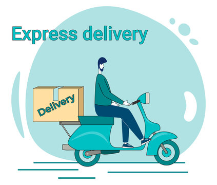 Express delivery.A courier on a scooter delivers orders.The concept of logistics and online orders and courier service.Poster in business style.Flat vector illustration.