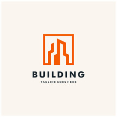 illustration creative construction with square tower and modern building logo design Premium Vector
