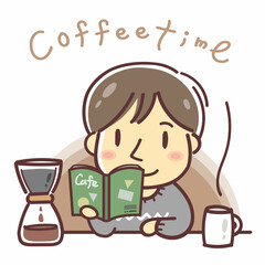コーヒーを入れて読書をする男性のイラスト
