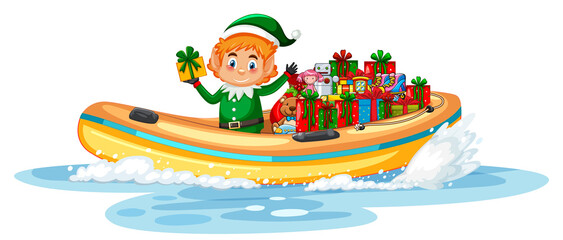 Christmas elf on speed boat with his gifts