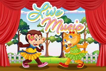 Obraz na płótnie Canvas Cat and monkey performing singing on stage