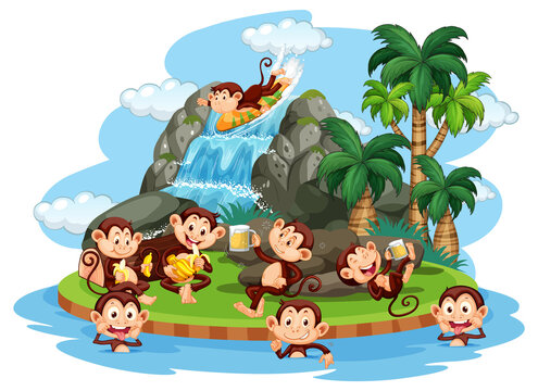 Isolated island with many monkeys cartoon character