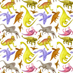 Dinosaurs print. Watercolor illustration. For background, cover, textile