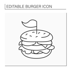 Sandwich line icon. Tasty burger with lettuce, onion, tomatoes and fried meat. Delicious dish from cafe. Fast food concept. Isolated vector illustration. Editable stroke