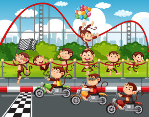 Scène de piste de course avec des singes à moto