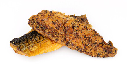 Two cooked smoked peppered mackerel fish fillets - obrazy, fototapety, plakaty