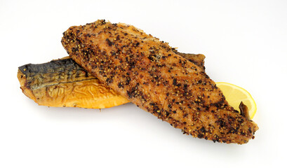 Two cooked smoked peppered mackerel fish fillets