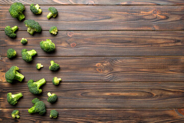 Top view fresh green broccoli vegetable on Colored background. Broccoli cabbage head Healthy or vegetarian food concept. Flat lay. Copy space