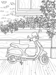 Scooter near the wall with flowers. Coloring book antistress for children and adults. Illustration isolated on white background. Zen-tangle style. hand draw