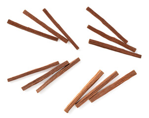 Sandalwood sticks isolated on white background, top view