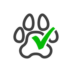 Pet friendly. Logotipo con silueta de zarpa de gato o perro con forma de casilla de verificación con checkmark con líneas en color verde y gris