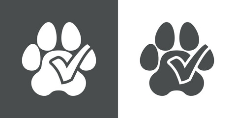 Fototapeta na wymiar Pet friendly. Logotipo con silueta de zarpa de gato o perro con forma de casilla de verificación con checkmark en fondo gris y fondo blanco