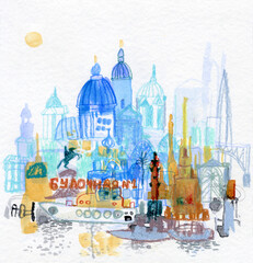 Obraz premium Watercolor and pencil sketch of sights of Saint Petersburg city, Russia.