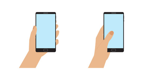 Hands holding smartphone, flat style, catroon. Mobile device with blank screen. Flat style, minimalist design. Space for your picture or text. Isolated. Vector illustration