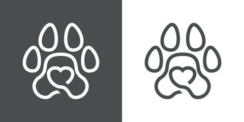 Love pet. Logotipo con zarpa de gato o perro con corazón con líneas en fondo gris y fondo blanco © teracreonte