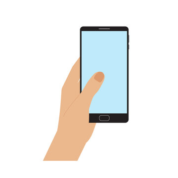 Hand holding smartphone, flat style, catroon. Mobile device with blank screen. Flat style, minimalist design. Space for your picture or text. Isolated. Vector illustration