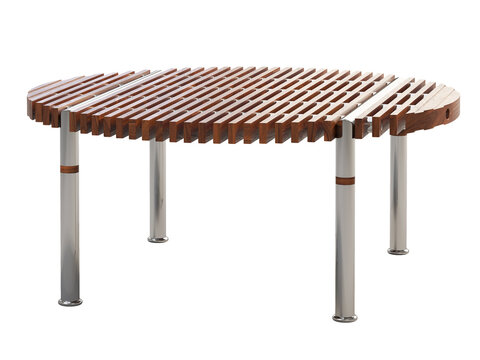 Modern round coffee table with wood slats and steel tube base. 3d render