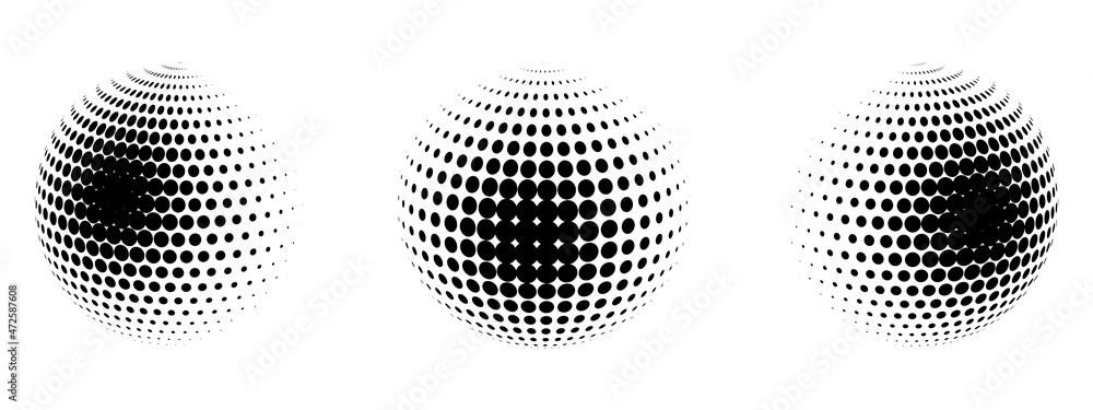Poster set of vector halftone spheres. dotted circles with black and white gradient. pattern design element