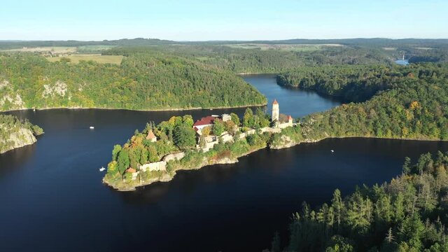 Aerial view of Castle Zvikov located on confluence of Vltava and Otava rivers in Czechia
