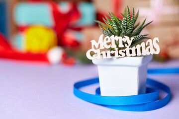 The inscription Merry Christmas on a cactus against the background of New Year gift boxes