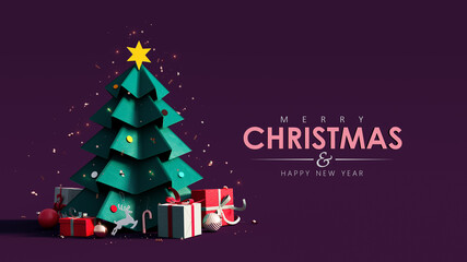 Green paper Christmas tree with text and decoration on purple background 3D Rendering, 3D Illustration