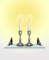Shelf design decorated with candlesticks and wax candles lit in honor of Shabbat