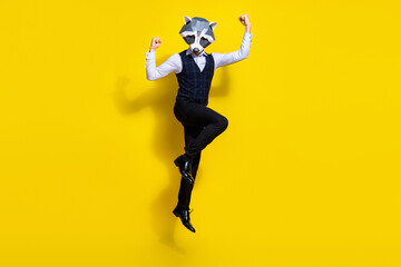 Fototapeta na wymiar Full size photo of weird bizarre guy raccoon guy jump raise fists up isolated over yellow shine color background
