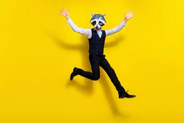 Full size photo of bizarre creative guy racoon mask jump raise hands up isolated over bright yellow...