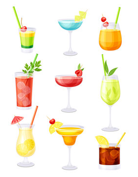 Glasses Of Cocktails Set. Cold Alcoholic Or Non Alcoholic Beverages Vector Illustration