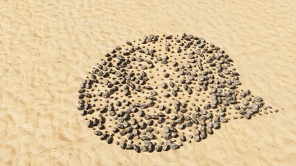 Concept conceptual stones on beach sand handmade symbol shape, golden sandy background, cloud sign. 3d illustration metaphor for communication, online talking, chatting, internet discussion