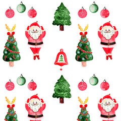 Watercolor christmas seamless background, pattern with cute and funny cartoon Santa Claus, christmas tree and holiday decorations. Christmas pattern on white background.
