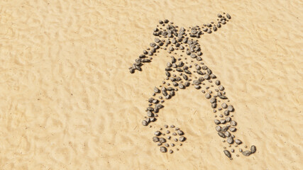 Concept conceptual stones on beach sand handmade symbol shape, golden sandy background, sign of a football player. 3d illustration metaphor for sport, competition, training,  relaxation, family, fun