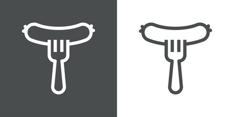 Logotipo restaurante a la parrilla. Icono plano salchicha en tenedor con líneas en fondo gris y fondo blanco © teracreonte