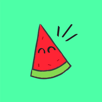 A Cute Hand Drawn Happy Watermelon - Amazing cute minimalist vector happy watermelon character suitable for sticker, fall, children book, decoration, animation, design asset and illustration