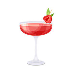Red cocktail with strawberry. Cold alcoholic beverage vector illustration