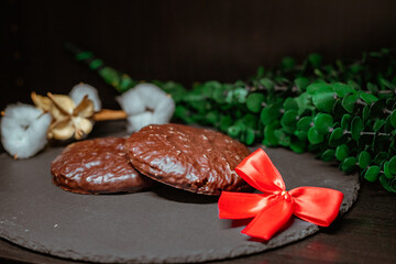 Harmonious Christmas photo with chocolate gingerbread