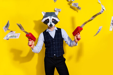Photo of charismatic authentic guy racoon mask shoot pistol profit money sale trendy party look...